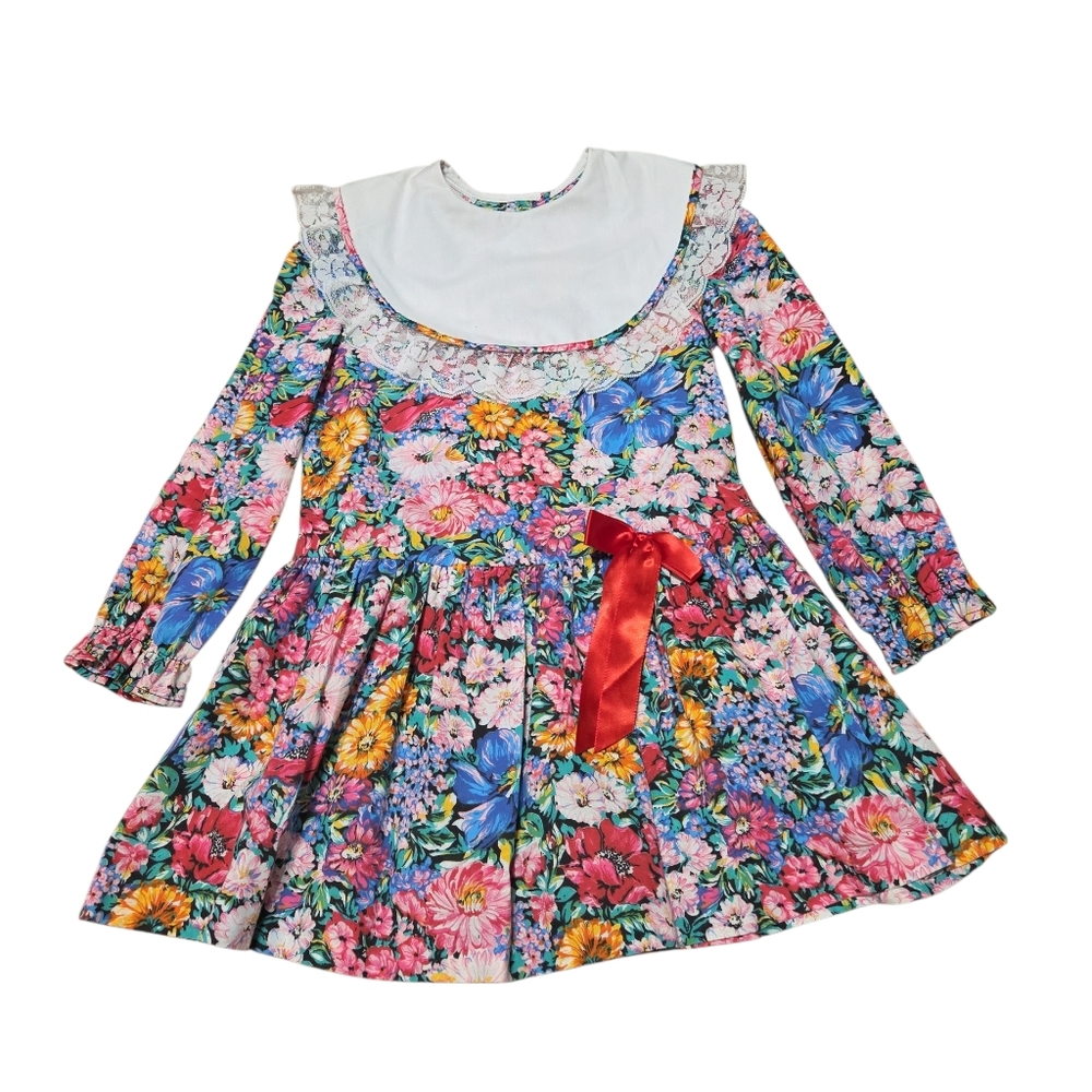 Vintage Forever Florals 80s Kids Dress with Red Bow Size 6 Easter Spring Cottage